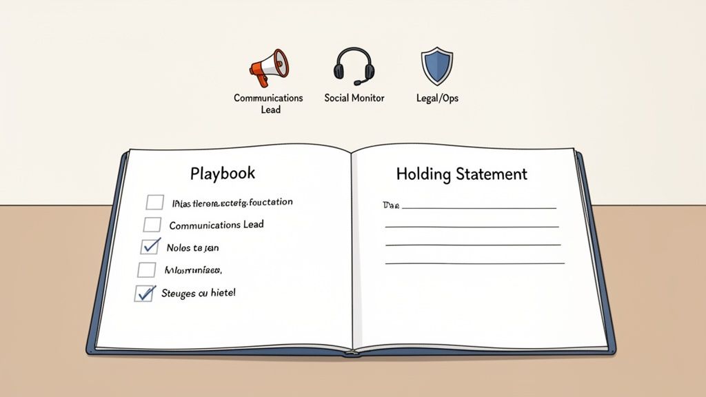 An open crisis playbook and holding statement with communication and legal team roles.