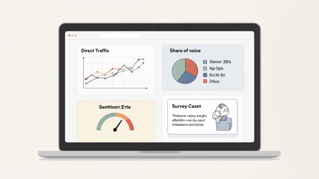 A laptop displays a modern dashboard interface with various data visualizations like graphs and charts.