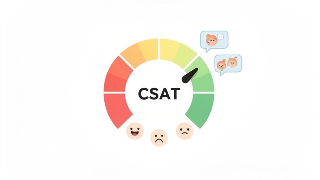 A customer satisfaction (CSAT) gauge showing a high score with happy and sad face emojis.