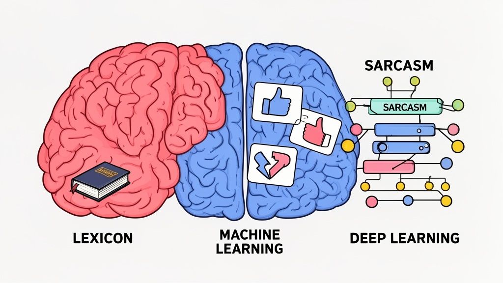 Illustration showing brain parts for lexicon, machine learning with sentiment, and deep learning for sarcasm detection.