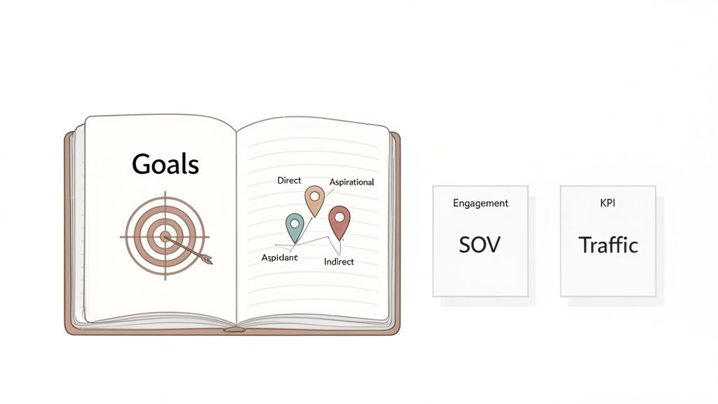 Diagram illustrating business goals, competitive positioning strategies, and key performance indicators (KPIs) like Engagement and Traffic.
