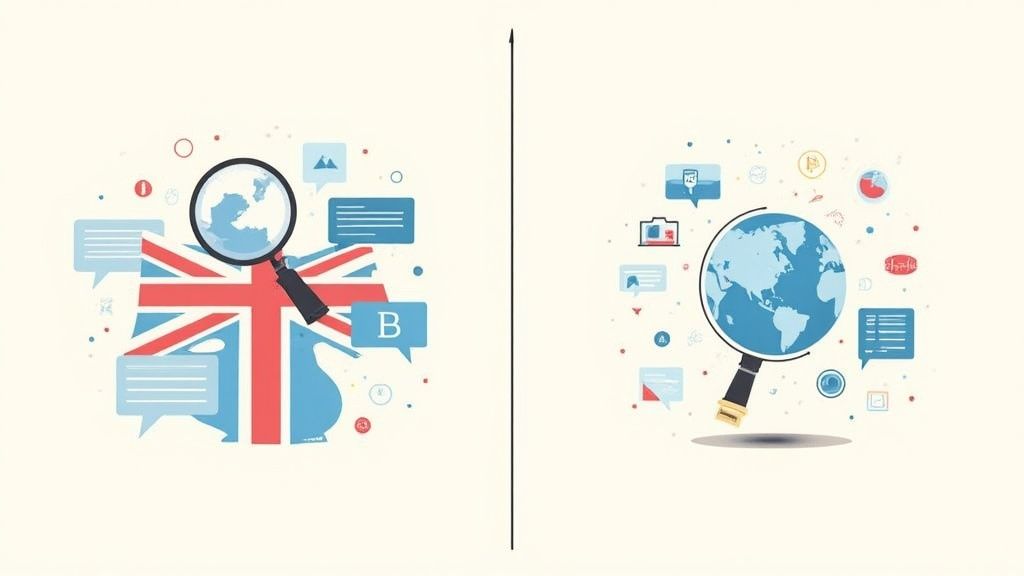 Illustration showing market analysis for UK-specific and global regions with search tools and data.