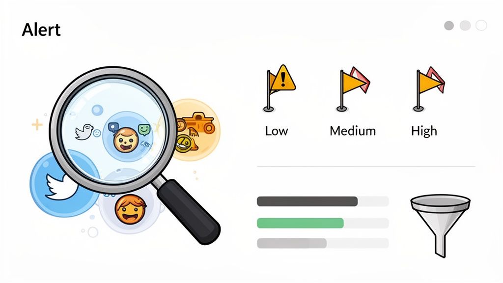 Illustration showing a magnifying glass analyzing social media content, with alert levels (low, medium, high) and a filter funnel.