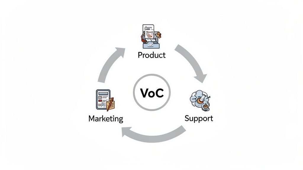 A diagram showing the Voice of Customer (VoC) at the center, with a feedback loop connecting Product, Support, and Marketing teams.