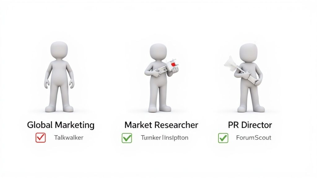 Three 3D figures represent marketing roles with associated tools and software choices, including Talkwalker.