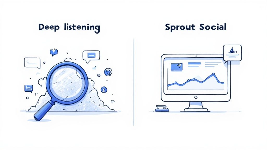 An illustration comparing 'Deep listening' with a magnifying glass over social media data and 'Sprout Social' showing a computer with analytics.