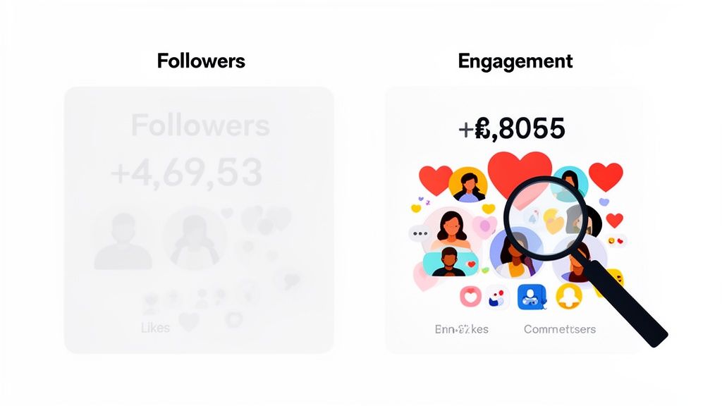 An image comparing social media followers and engagement metrics with numbers and user icons.