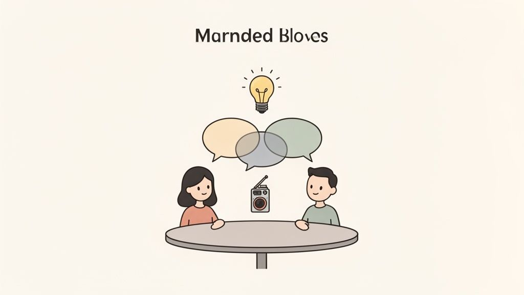 A cartoon illustration of two people discussing around a table with a radio and a lightbulb idea.