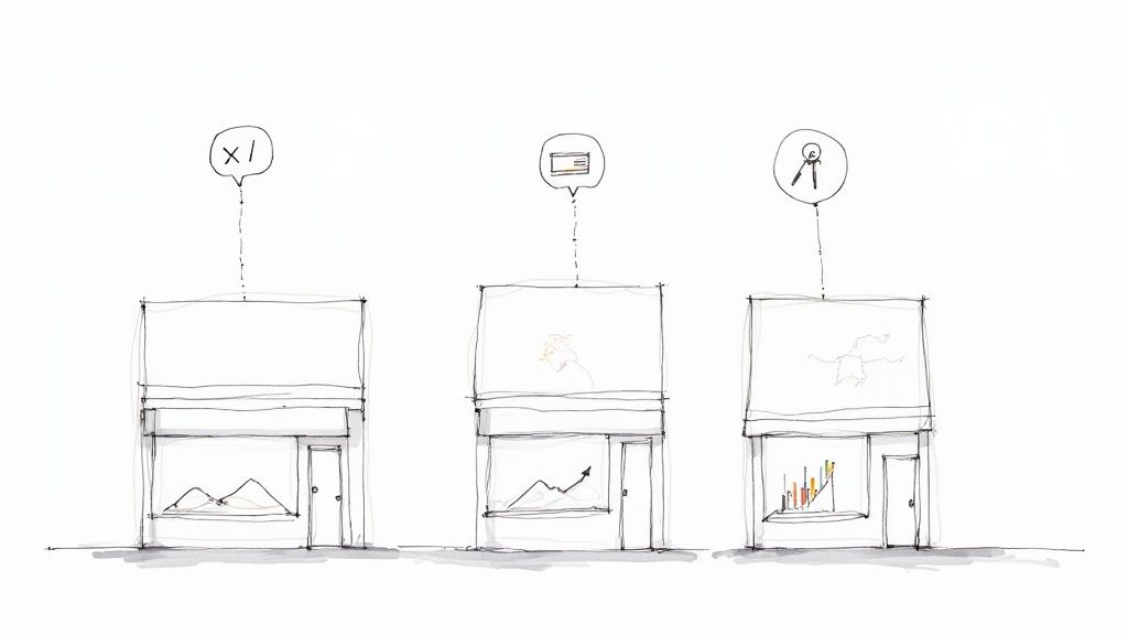 Three hand-drawn storefronts with thought bubbles, displaying various data visualizations and analysis icons.