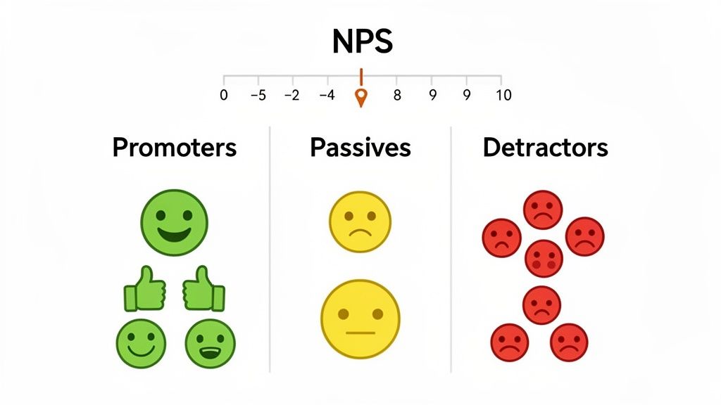 NPS scale showing promoters, passives, and detractors with corresponding emojis and scores.