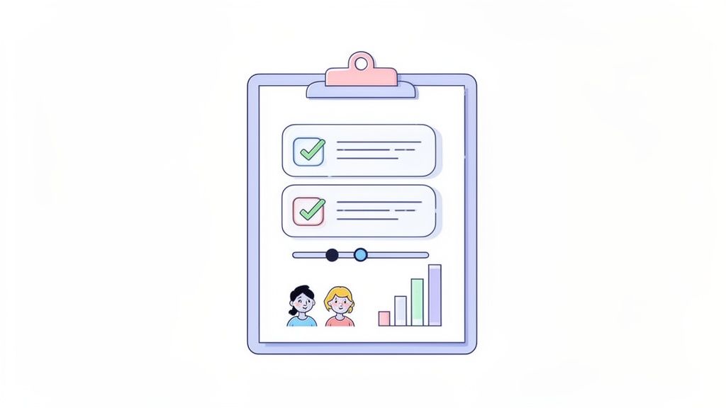 Illustration of a clipboard displaying a checklist with two completed items, a slider, two people, and a bar chart.