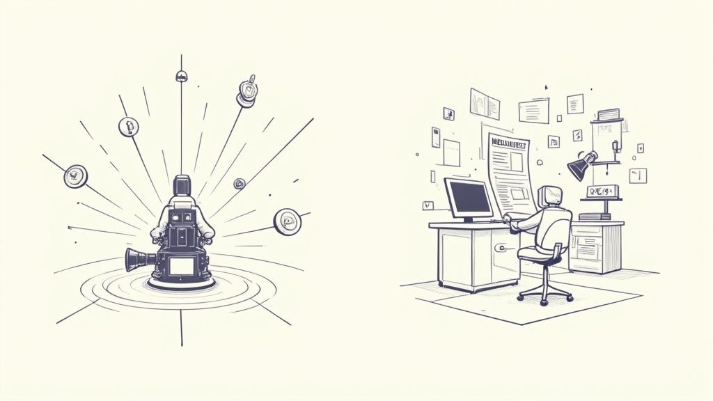 Two monochrome line art illustrations depicting media broadcasting and a person working in an office.