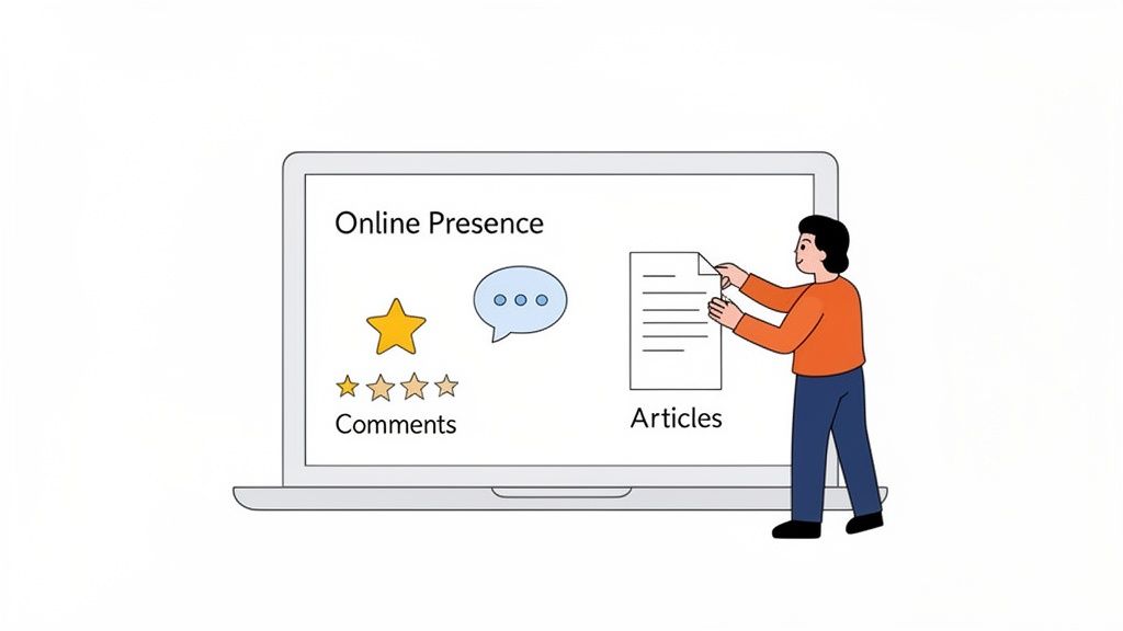 Illustration of a person managing online reputation, editing articles and monitoring comments on a laptop.