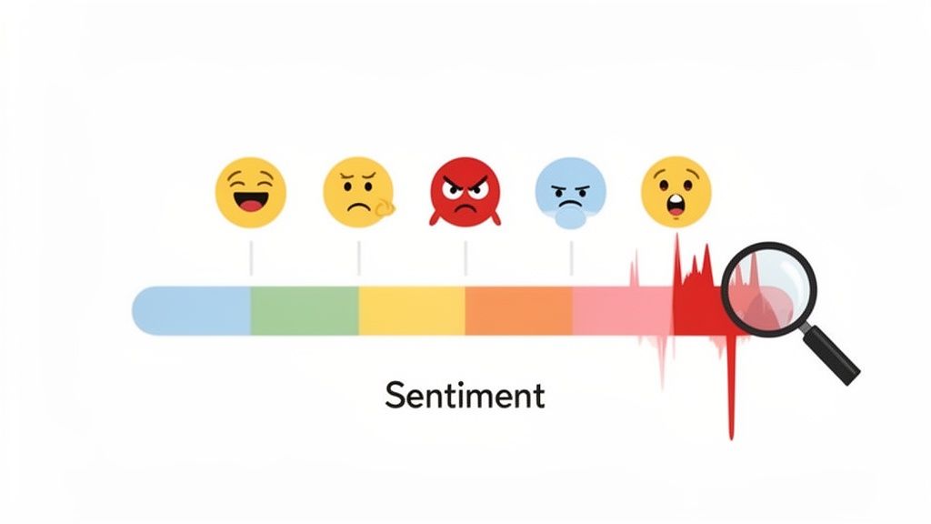 Visual representation of sentiment analysis with a coloured bar, emojis, and a magnifying glass examining peaks.