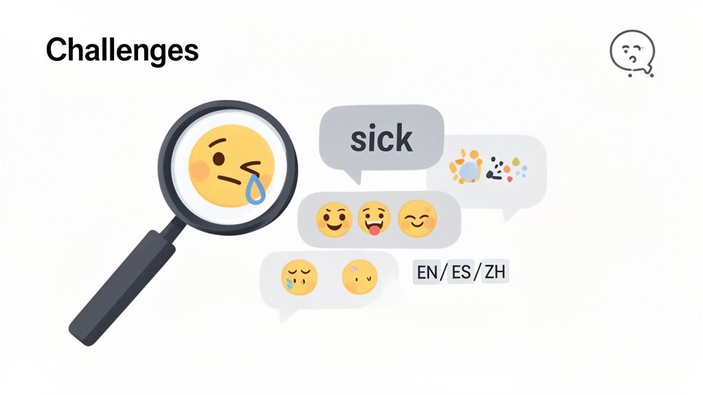 Challenges in sentiment analysis are illustrated with emojis, text bubbles, a magnifying glass, and language options.
