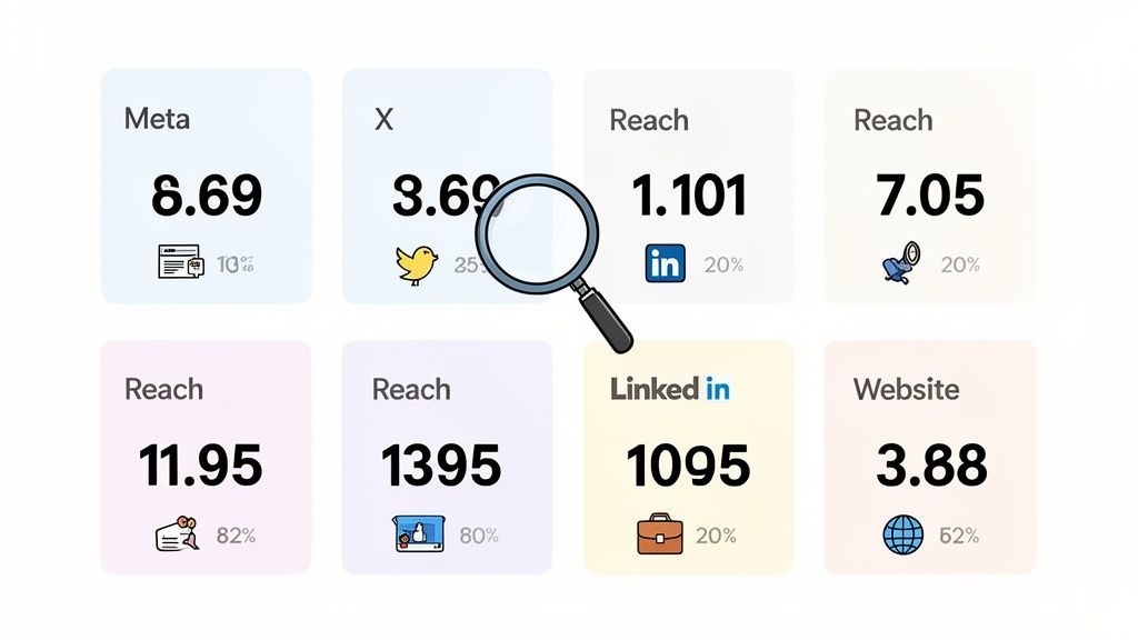 Dashboard displaying social media reach metrics for Meta, X, LinkedIn, and website traffic, with a magnifying glass.