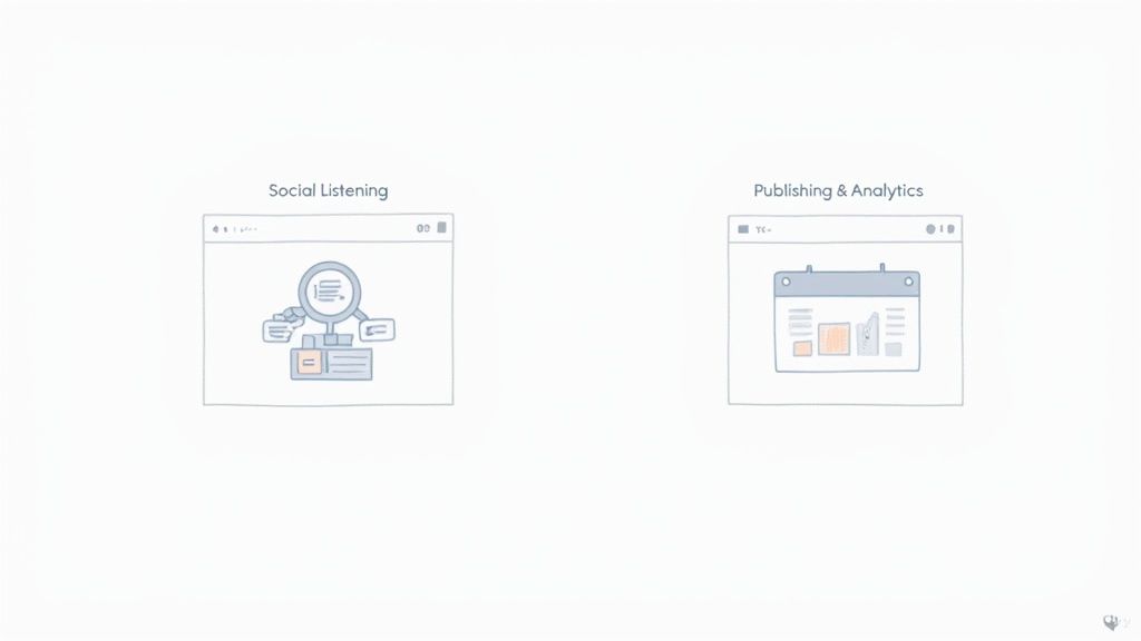 Illustrations of browser windows showing 'Social Listening' data analysis and 'Publishing & Analytics' with calendar charts.