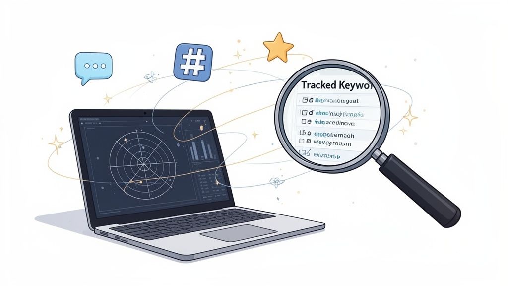A laptop displays data analysis with social icons, and a magnifying glass tracks keywords for competitor insights.