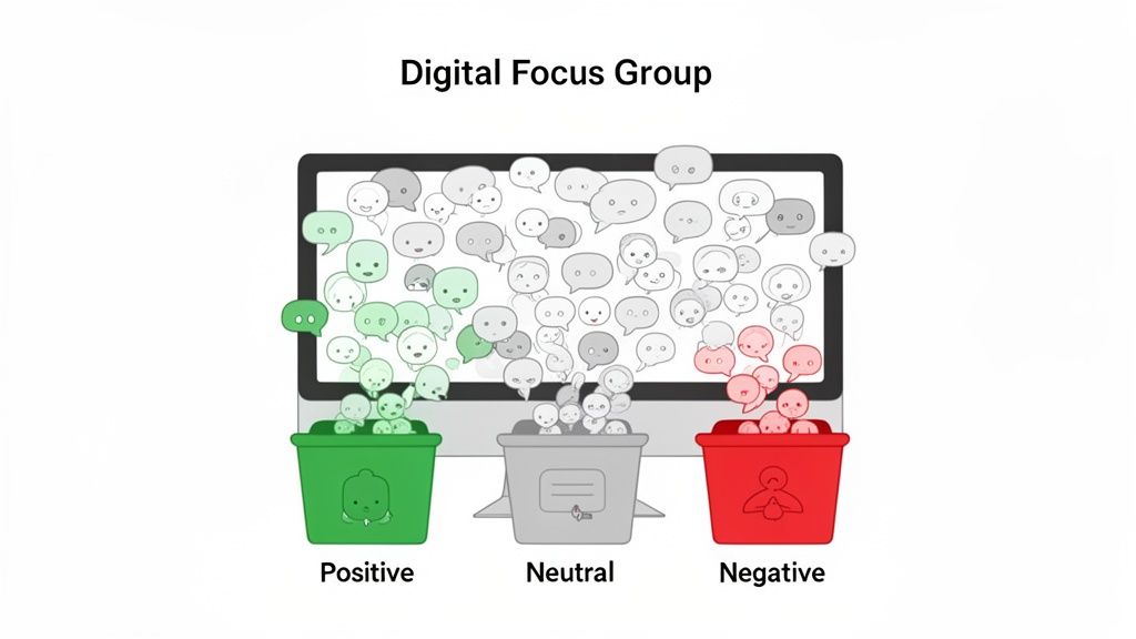 Illustration of a digital focus group, sorting feedback into positive, neutral, and negative sentiment bins.