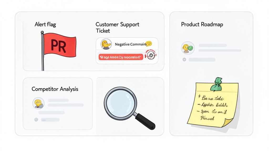 Dashboard with alert flag, customer support ticket, product roadmap, competitor analysis, magnifying glass, and sticky notes.