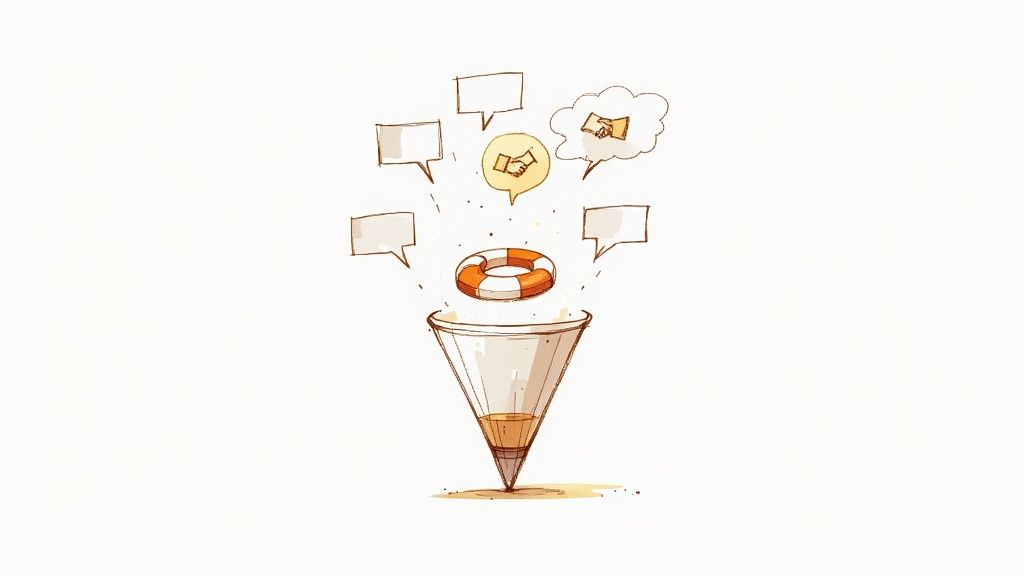 Illustration of communication, support, and ideas flowing into a funnel, representing problem-solving or filtering.