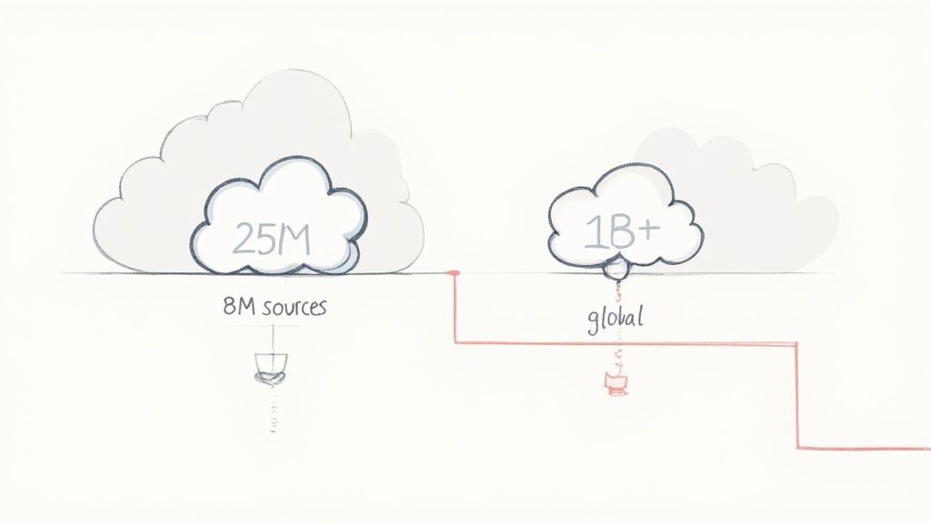 A hand-drawn diagram illustrating a system scaling from 8M sources to 1B+ globally.
