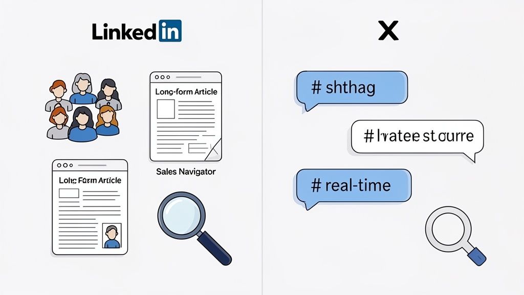A graphic comparing effective LinkedIn strategies like networking, long-form articles, and Sales Navigator with ineffective hashtag usage.