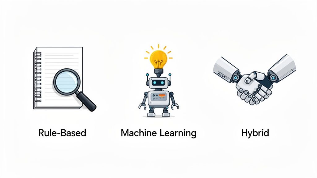 Three visual representations of rule-based, machine learning, and hybrid AI methods.