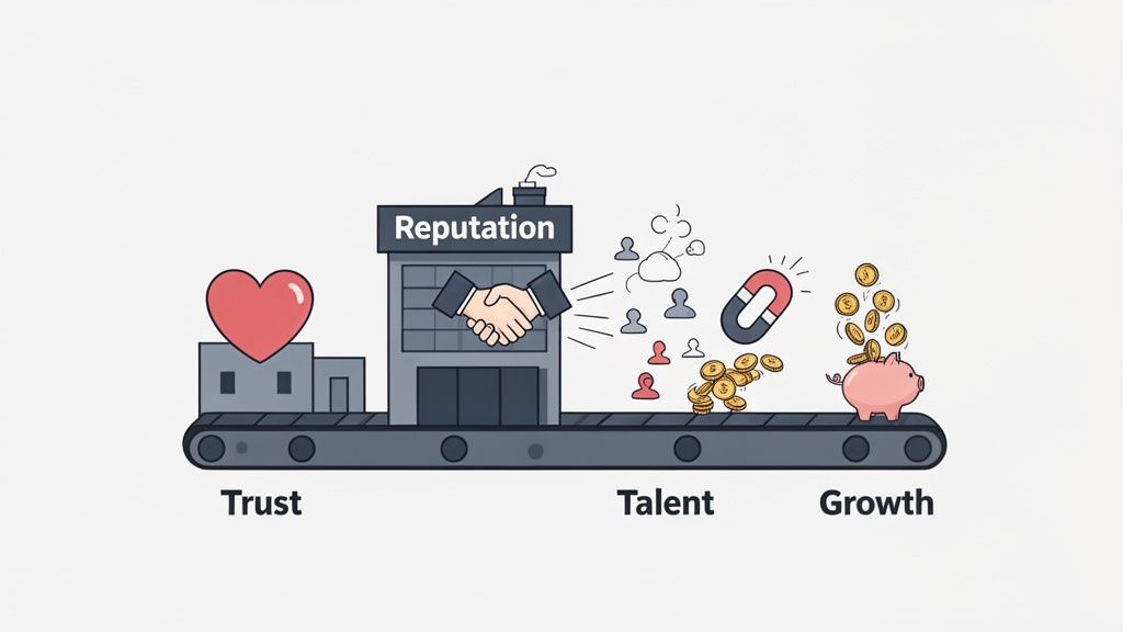 Diagram illustrating how trust builds reputation, attracts talent, and drives business growth.
