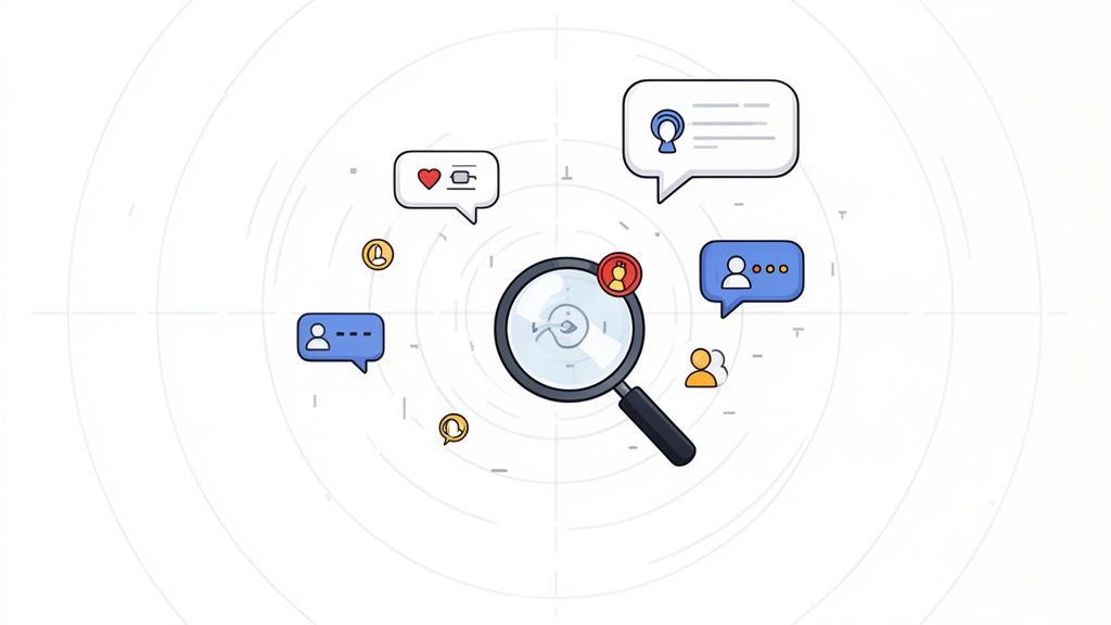 Stylized illustration showing a magnifying glass searching through social media interactions and user profiles.