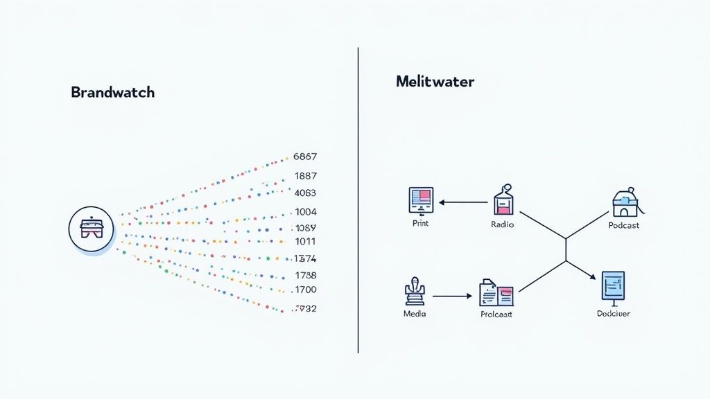 Comparison of Brandwatch and Meltwater, showing Brandwatch's broad data output and Meltwater's structured media monitoring.
