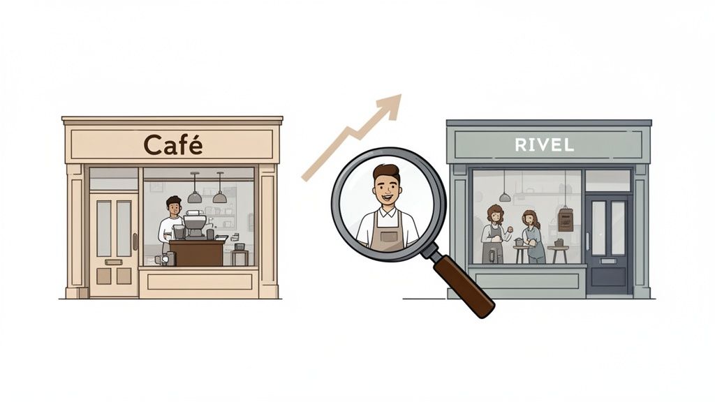 An illustration of a barista from a cafe under a magnifying glass, benchmarking against another store, RIVEL.