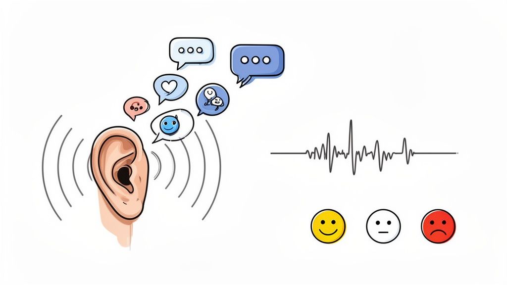 Illustration of an ear processing sound waves, speech bubbles, and sentiment emojis.
