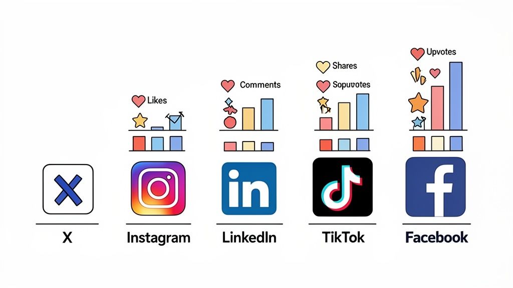 Comparison of engagement metrics across social media platforms: X, Instagram, LinkedIn, TikTok, and Facebook.