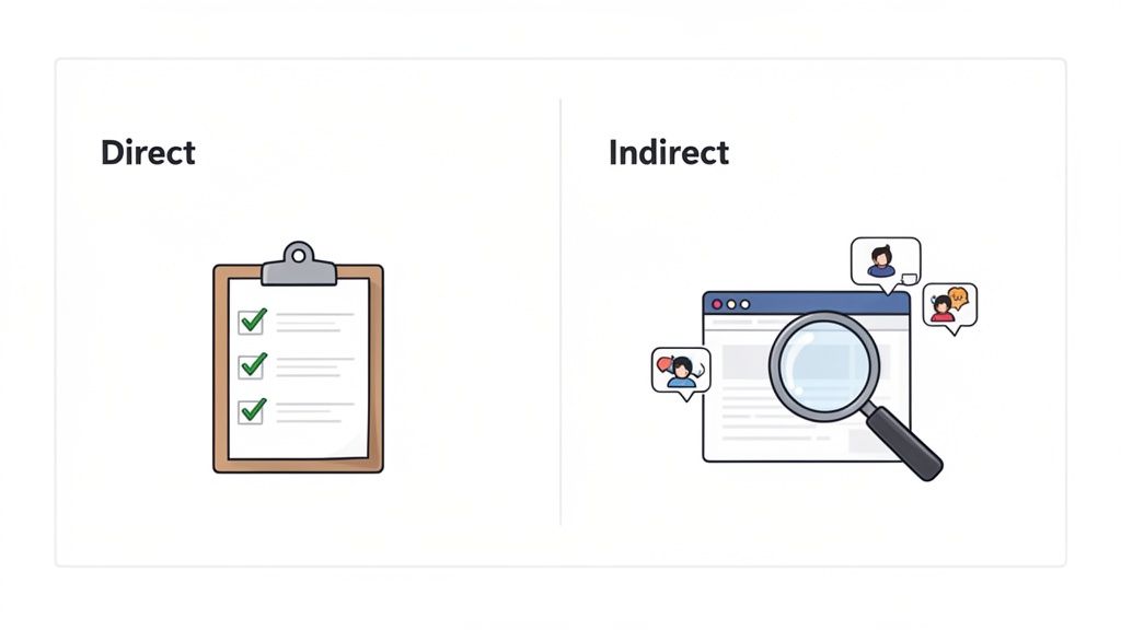 Illustration contrasting direct methods with a clipboard and indirect methods with a browser, magnifying glass, and user icons.