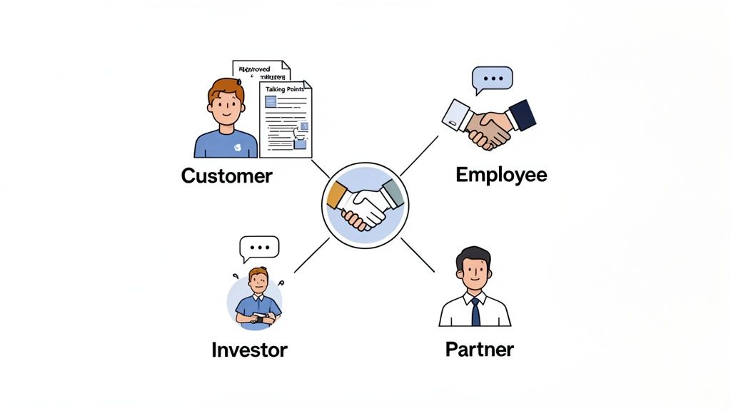 A diagram showing a central handshake connecting customer, employee, investor, and partner relationships.