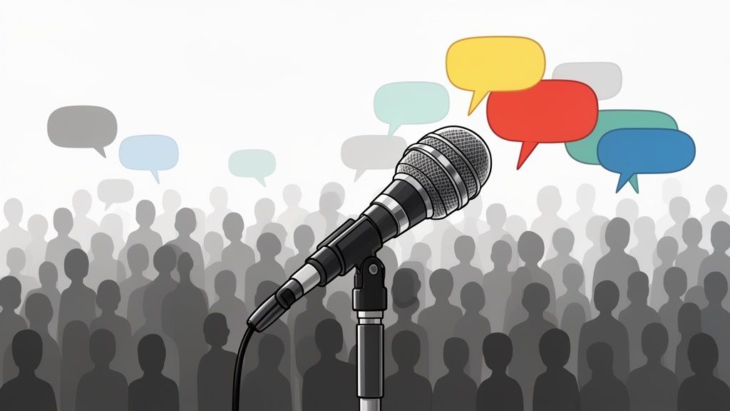 A microphone stands before a crowd of silhouettes, surrounded by many colorful speech bubbles.