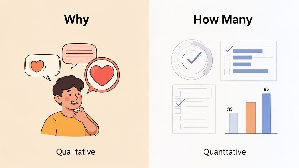 An illustration comparing qualitative research (why, feelings) and quantitative research (how many, data, charts).