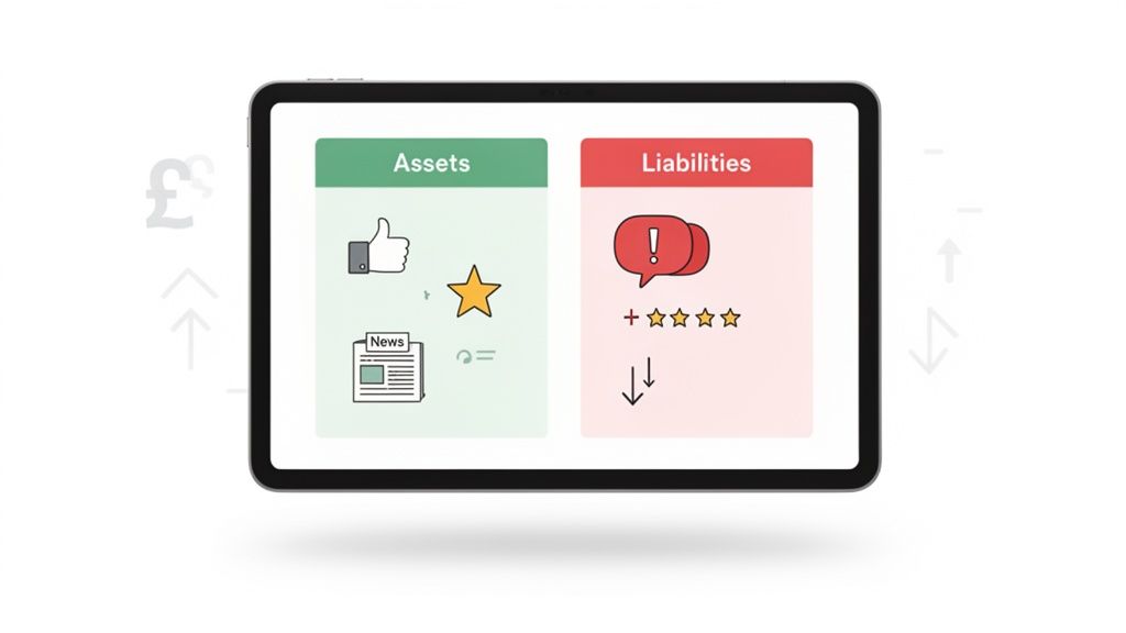A tablet screen displays 'Assets' (thumbs-up, star, news) and 'Liabilities' (warning, bad reviews, down arrows).