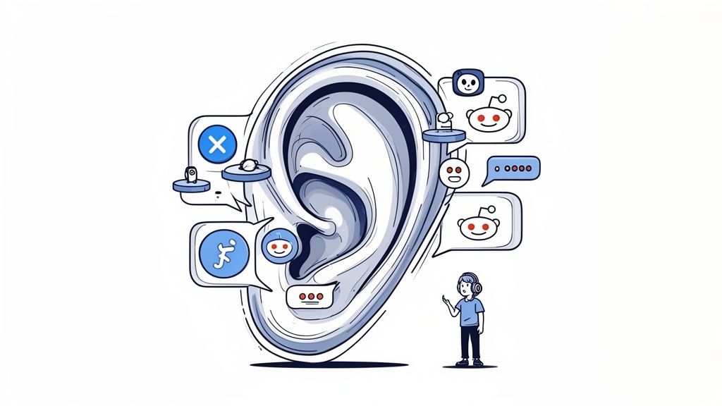 An illustrated ear surrounded by social media icons and chat bubbles, with a person listening.