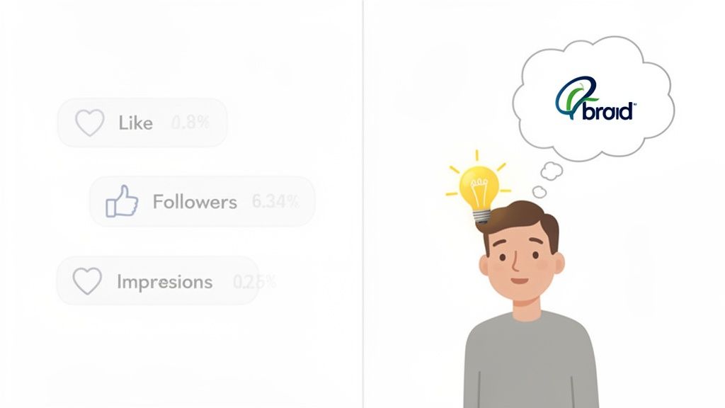 A person with an idea (lightbulb) thinks of 'braid' as a solution for low social media likes, followers, and impressions.