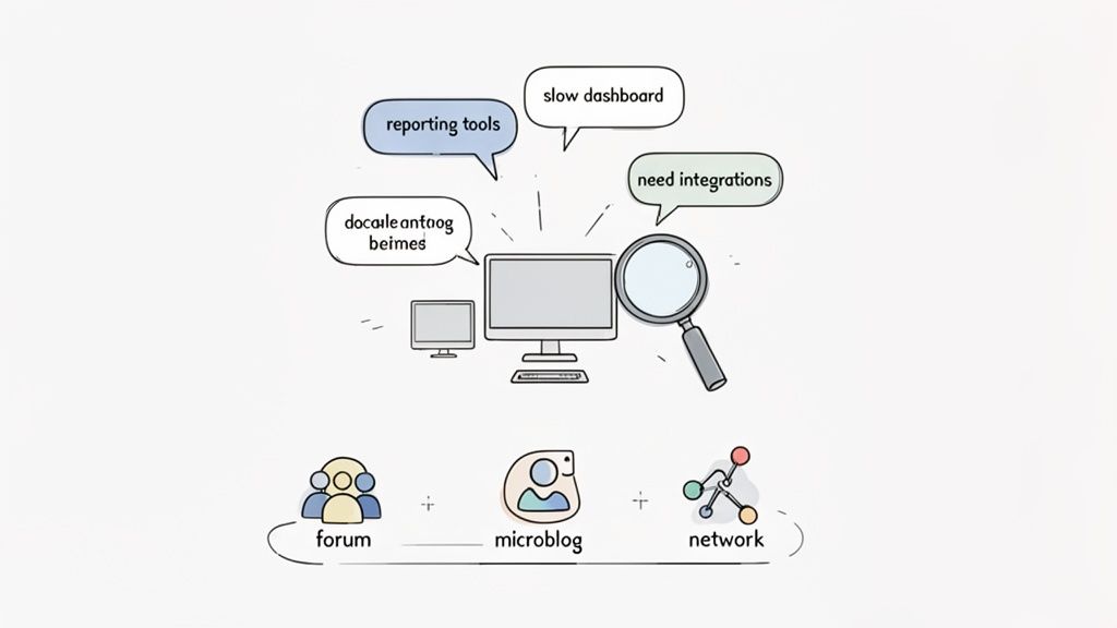 An illustration of digital tools and platforms with speech bubbles highlighting challenges like slow dashboards and integration needs.