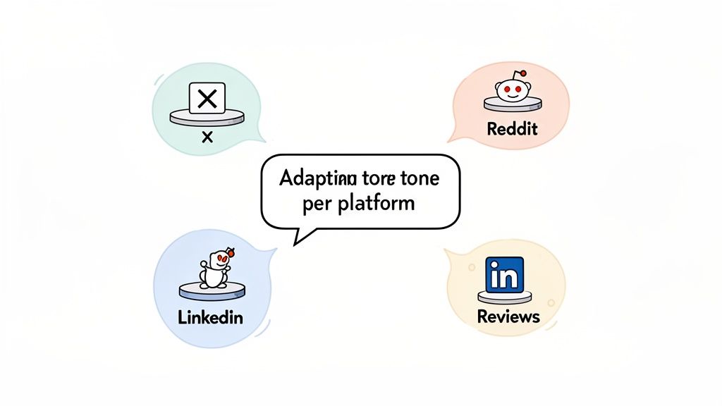 Illustration showing adapting communication tone for X, Reddit, LinkedIn, and online reviews.