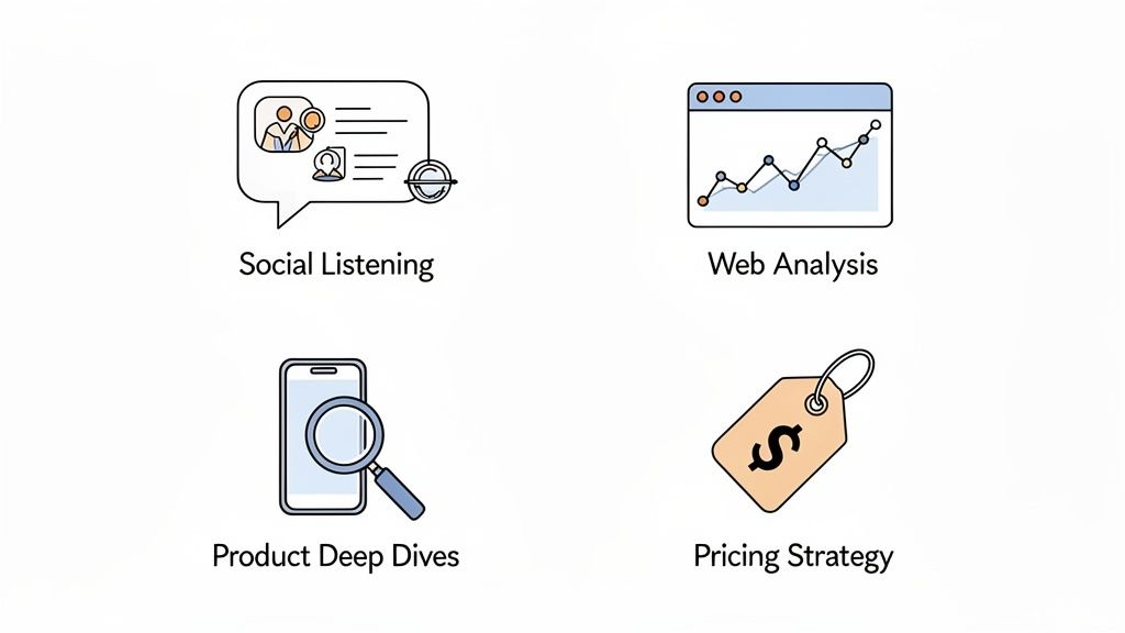 Four icons illustrate competitor analysis methods: social listening, web analysis, product deep dives, and pricing strategy.