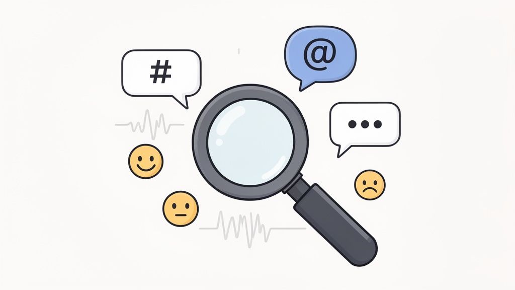 Magnifying glass examining online communication symbols: hashtags, at signs, speech bubbles, and emojis.
