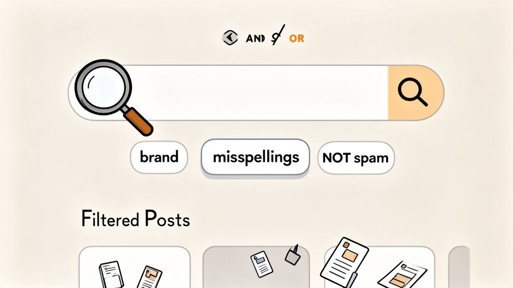 Social media monitoring search interface showing filters for brand, misspellings, NOT spam, and Boolean operators.