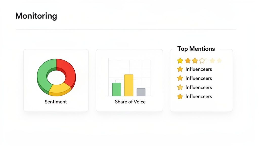 Digital dashboard displaying sentiment, share of voice charts, and top influencer mentions with star ratings.