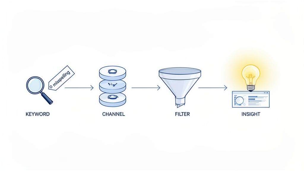 A diagram illustrating a data flow from keywords with misspellings, through channels and a filter, leading to valuable insights.