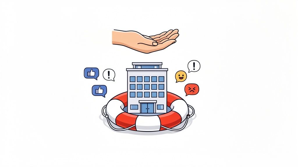 A hand reaching towards a business building in a life preserver, surrounded by communication and reaction icons.