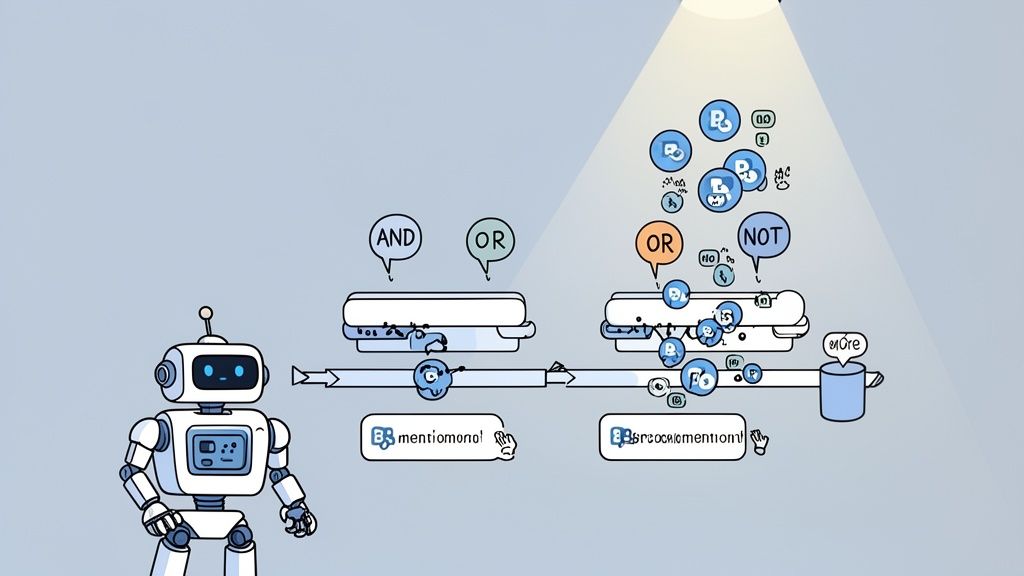 A robot processes data through logical AND, OR, NOT filters, collecting mentions in a cup.